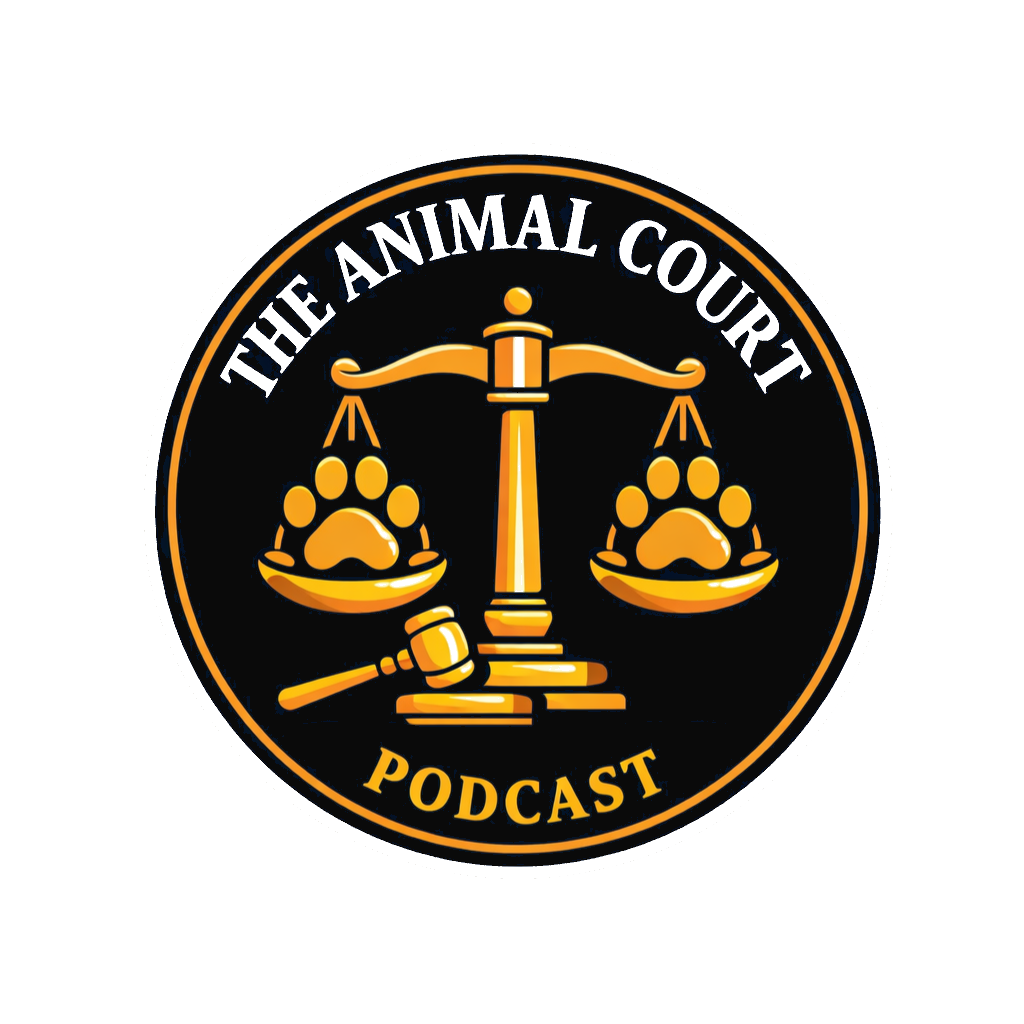 The Animal Court Podcast logo: golden scales of justice holding paw prints, with a gavel at the base