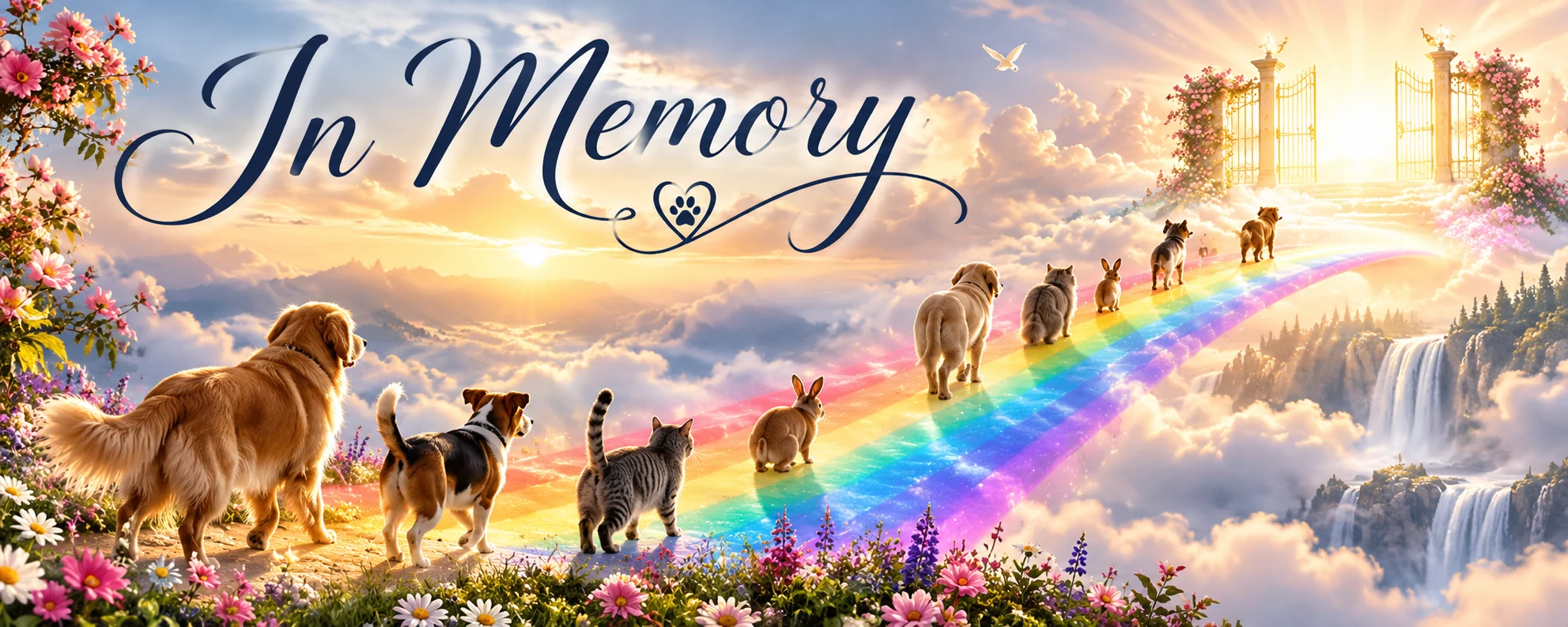 Animals walking along a glowing rainbow bridge toward golden gates, with In Memory written in calligraphy above a heart holding a paw print