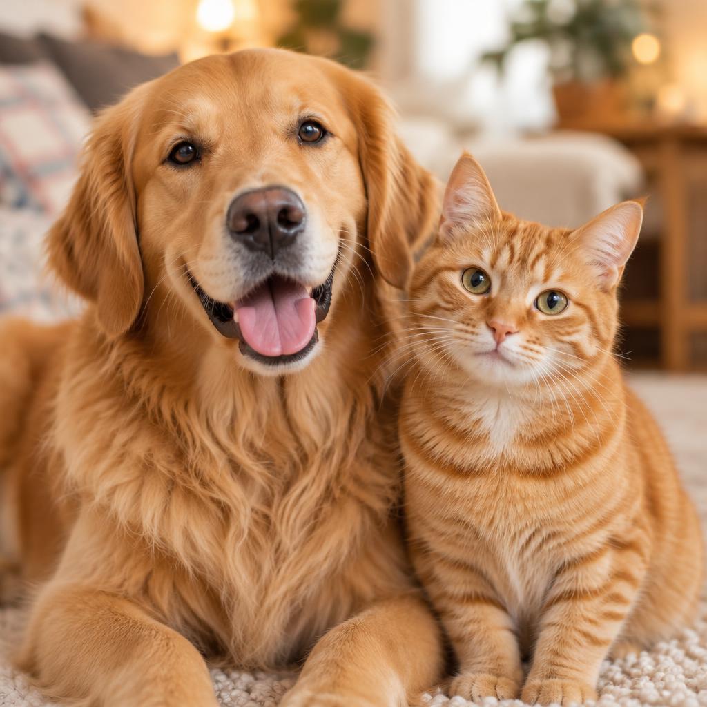 A happy golden retriever dog and an orange tabby cat sitting together